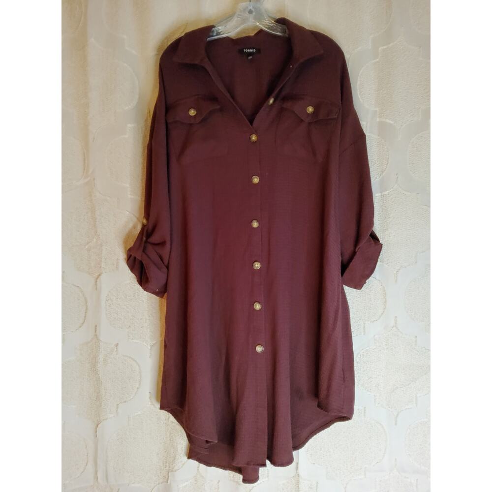 #269 Excellent Pre-Owned Torrid Flannel Gauze Oversized Burgundy Shacket Size 1